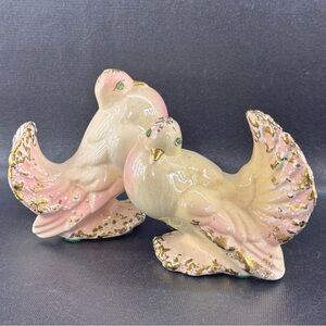 Vintage Luster Pink & Gold Dove Birds Rhinestone Eyes